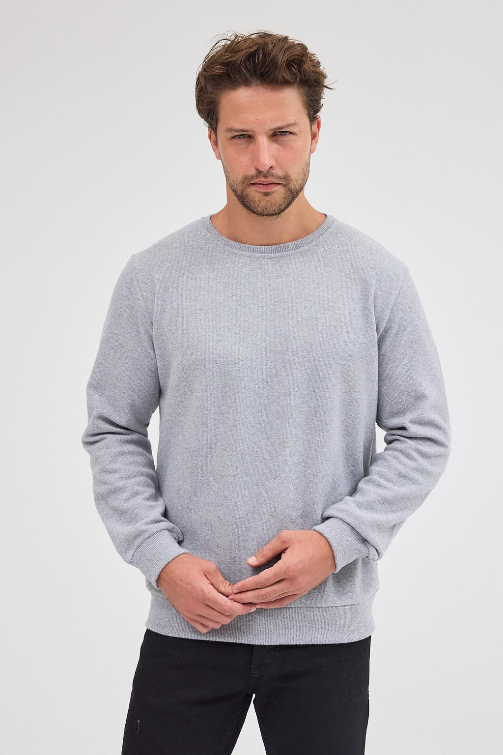 Erkek Gri Fit Normal Kesim Pamuklu Basic Bisiklet Yaka Sweatshirt