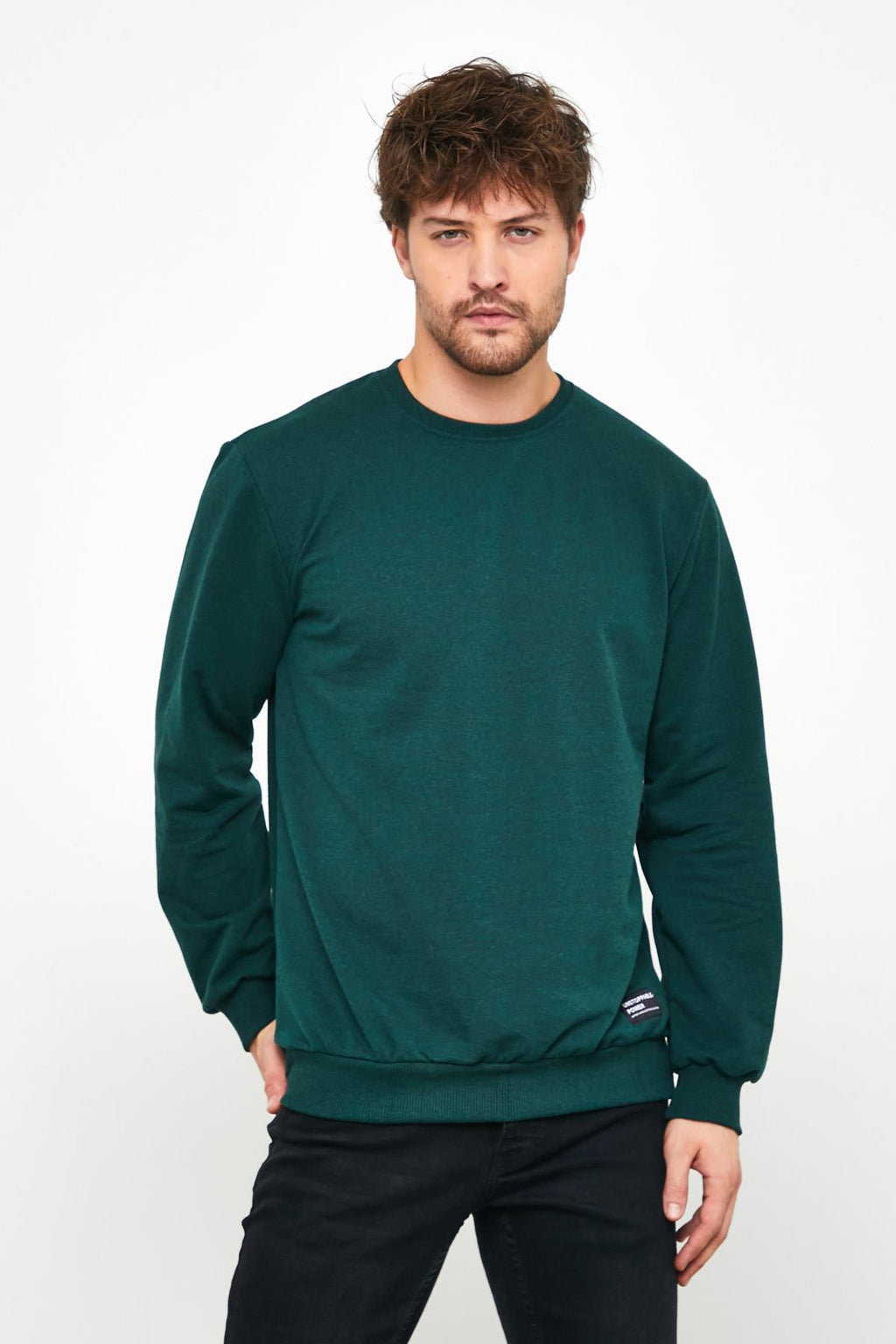 Erkek Koyu Yeşil Basic Bisiklet Yaka Regular Fit Normal Kesim 2 İplik Sweatshirt