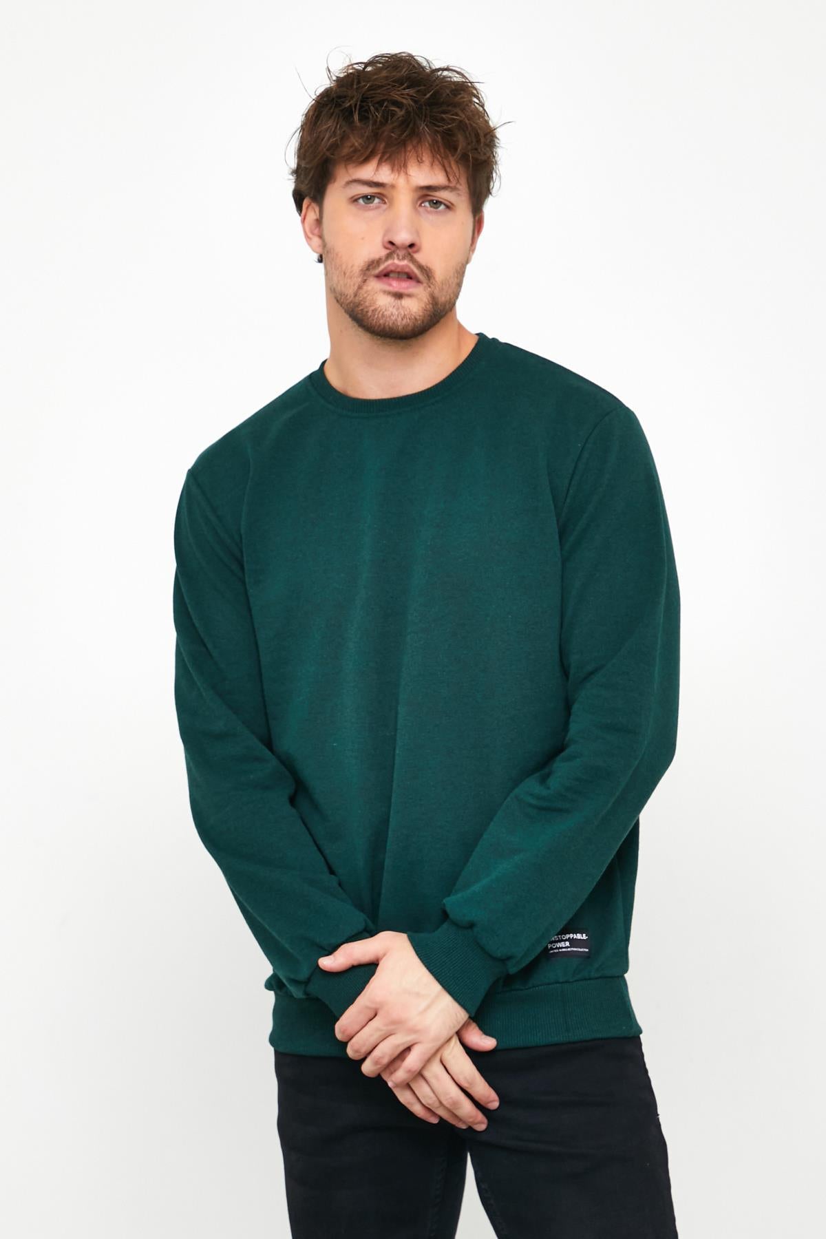 Erkek Koyu Yeşil Basic Bisiklet Yaka Regular Fit Normal Kesim 2 İplik Sweatshirt