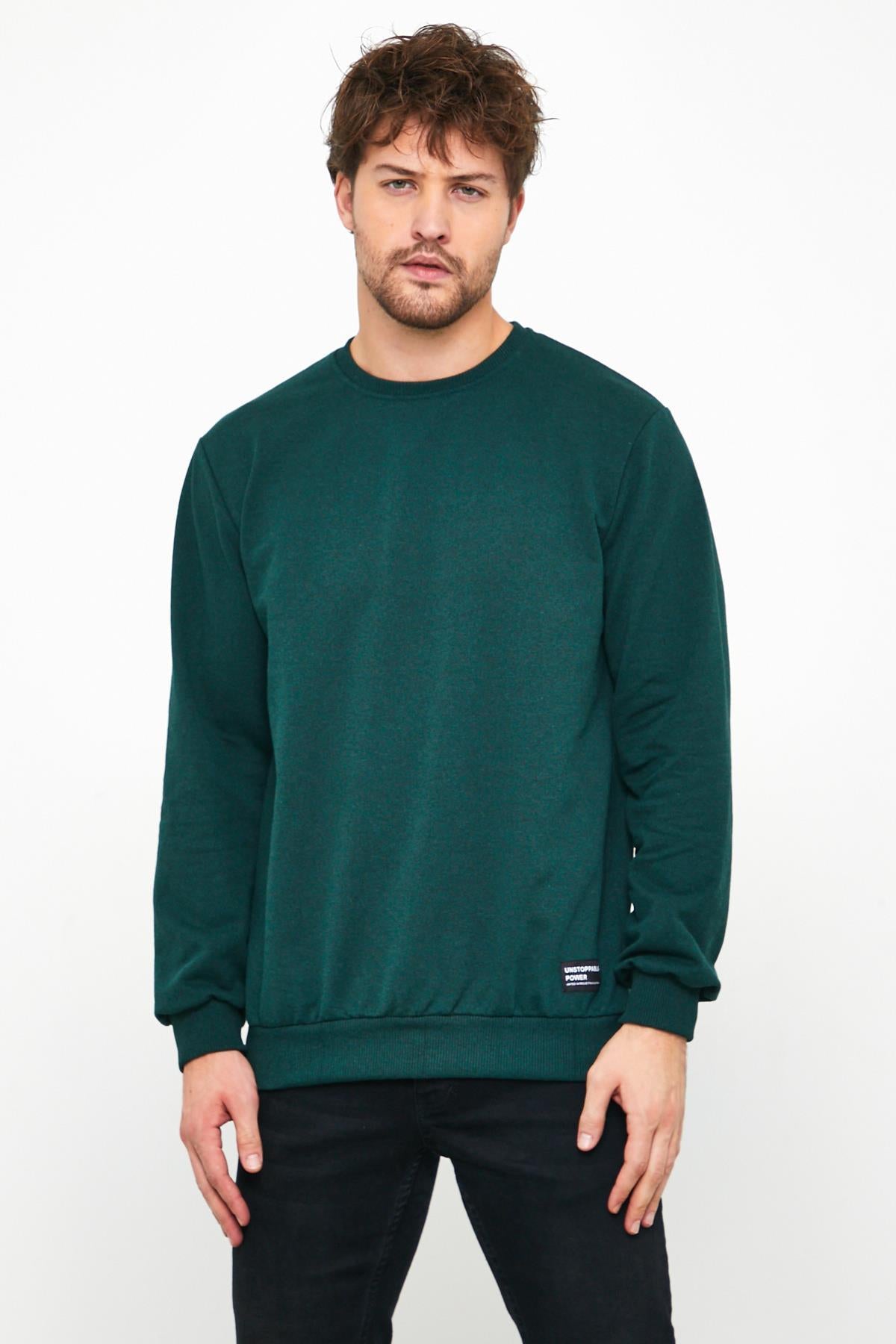 Erkek Koyu Yeşil Basic Bisiklet Yaka Regular Fit Normal Kesim 2 İplik Sweatshirt