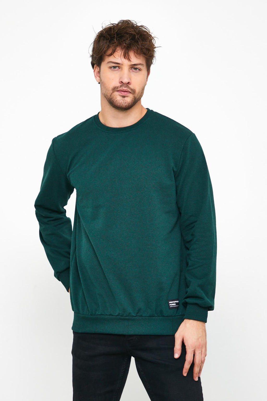 Erkek Koyu Yeşil Basic Bisiklet Yaka Regular Fit Normal Kesim 2 İplik Sweatshirt