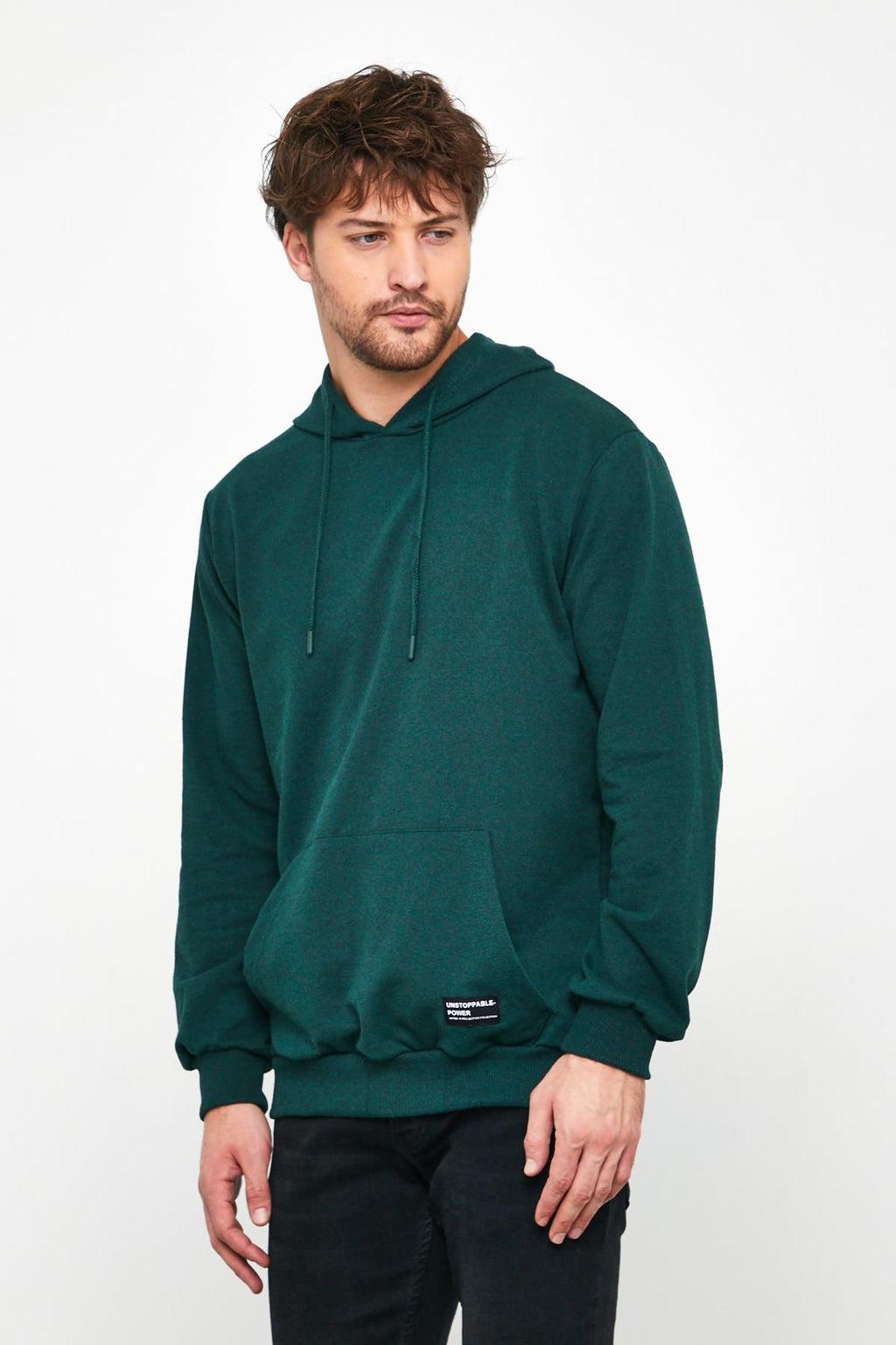Erkek Koyu Yeşil Basic Kapüşonlu Regular Fit Normal Kesim 2 İplik Kumaş Günlük Sweatshirt