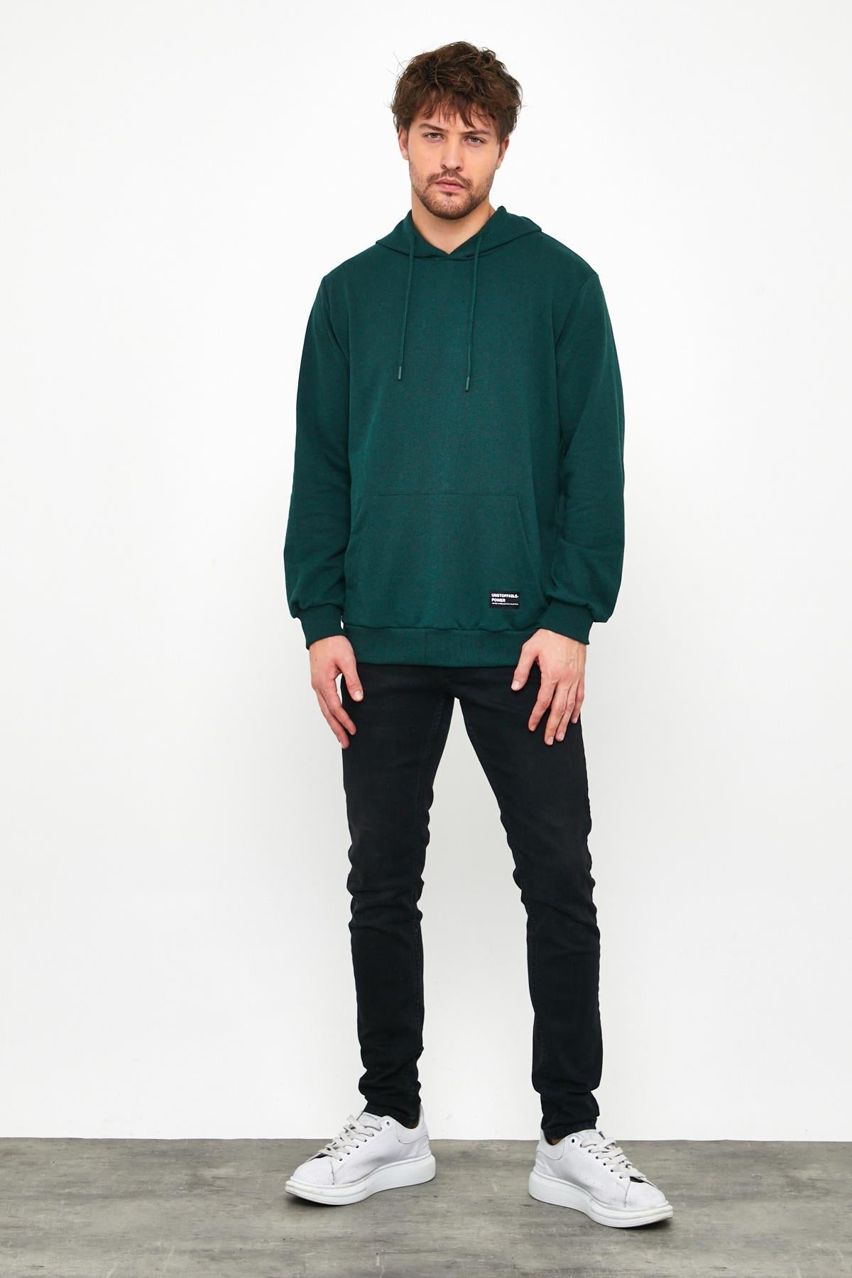 Erkek Koyu Yeşil Basic Kapüşonlu Regular Fit Normal Kesim 2 İplik Kumaş Günlük Sweatshirt