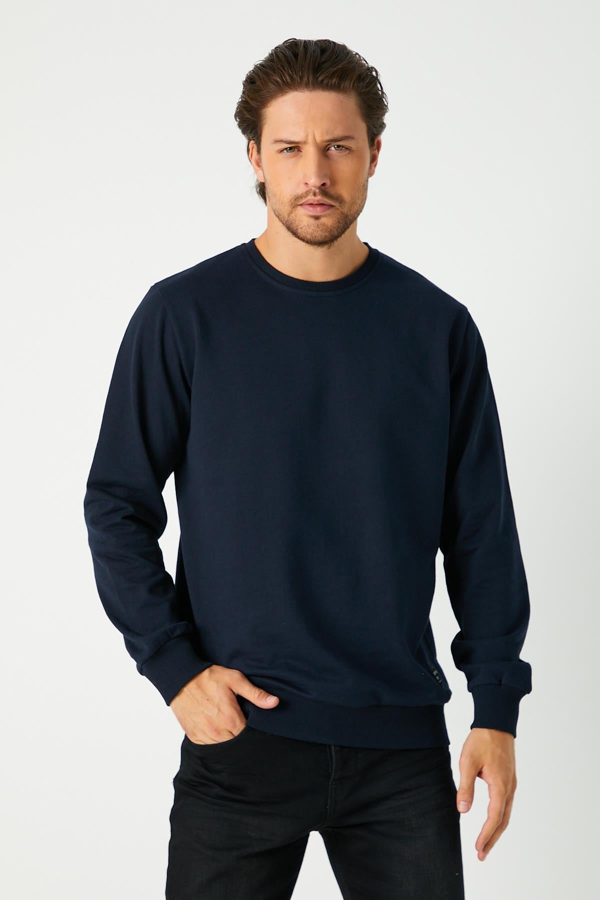 Erkek Lacivert Basic Bisiklet Yaka Regular Fit Normal Kesim 2 İplik Sweatshirt