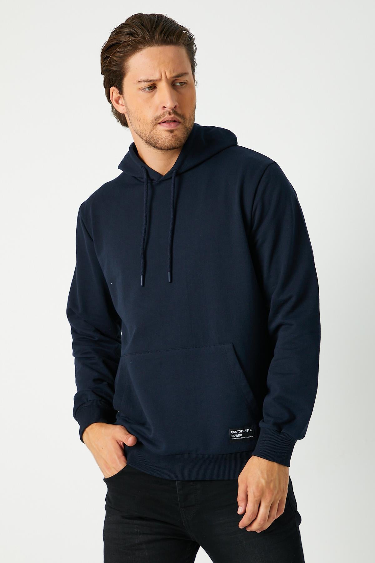Erkek Lacivert Basic Kapüşonlu Regular Fit Normal Kesim 2 İplik Kumaş Günlük Sweatshirt