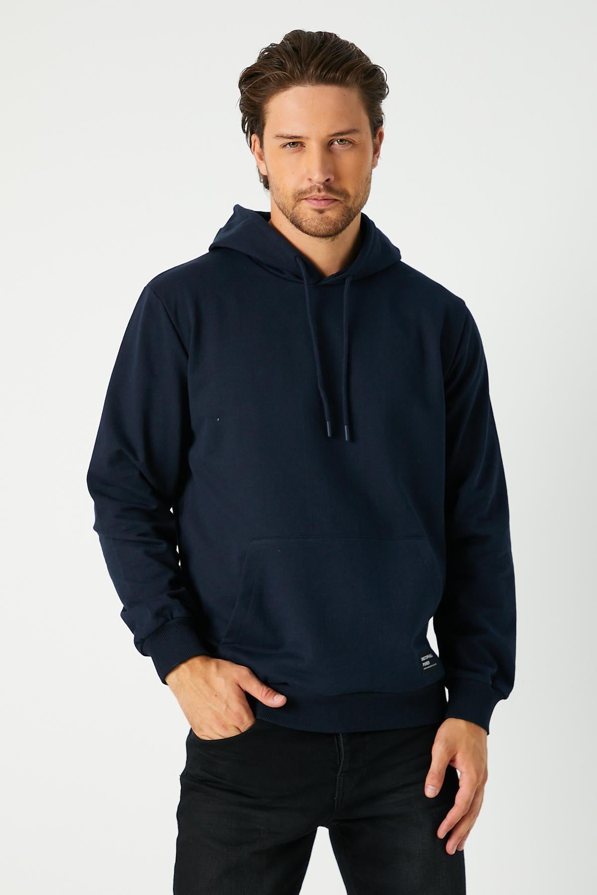 Erkek Lacivert Basic Kapüşonlu Regular Fit Normal Kesim 2 İplik Kumaş Günlük Sweatshirt