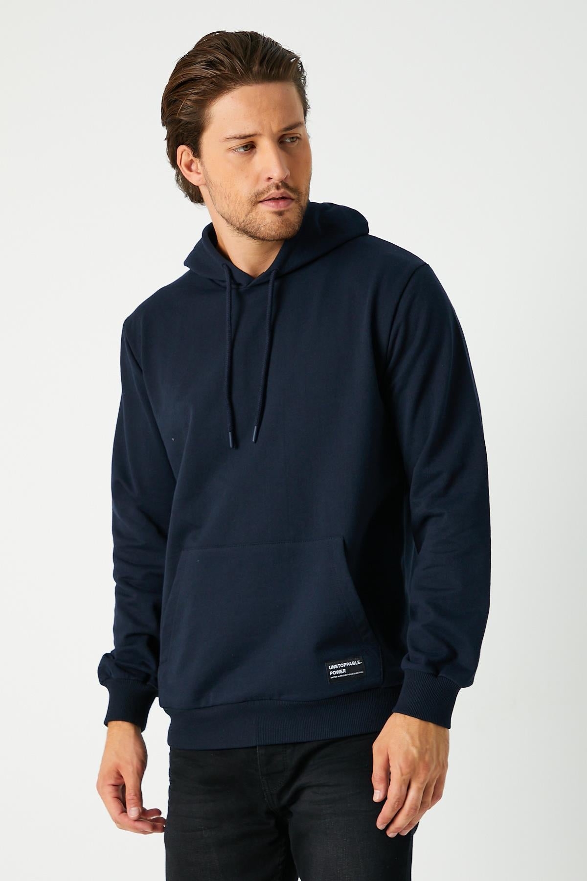 Erkek Lacivert Basic Kapüşonlu Regular Fit Normal Kesim 2 İplik Kumaş Günlük Sweatshirt