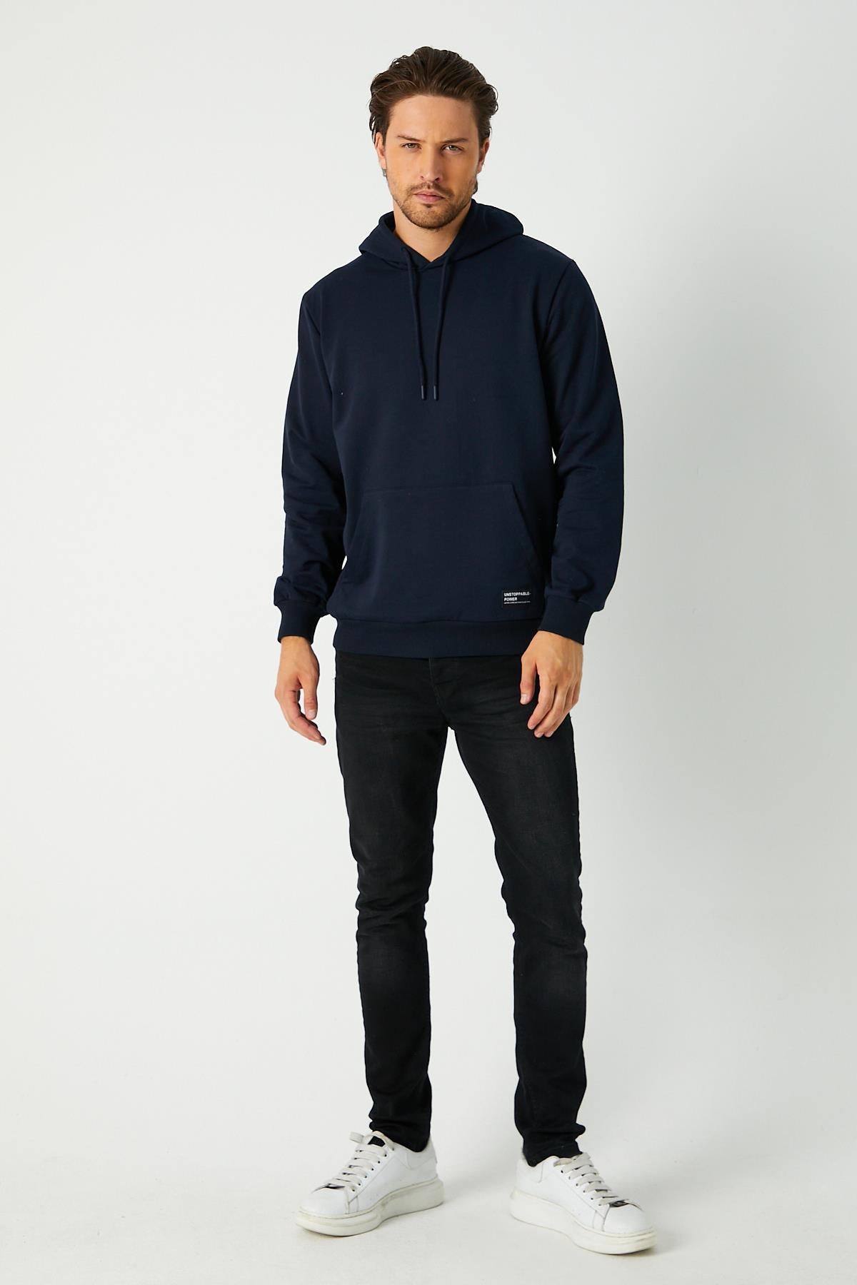 Erkek Lacivert Basic Kapüşonlu Regular Fit Normal Kesim 2 İplik Kumaş Günlük Sweatshirt