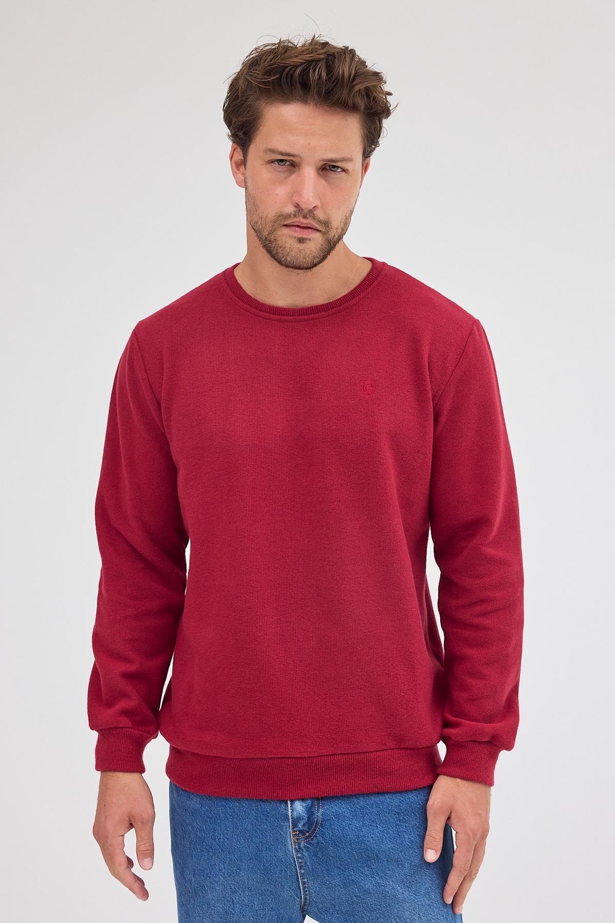 Erkek Bordo Standart Fit Normal Kesim Pamuklu Basic Bisiklet Yaka Sweatshirt