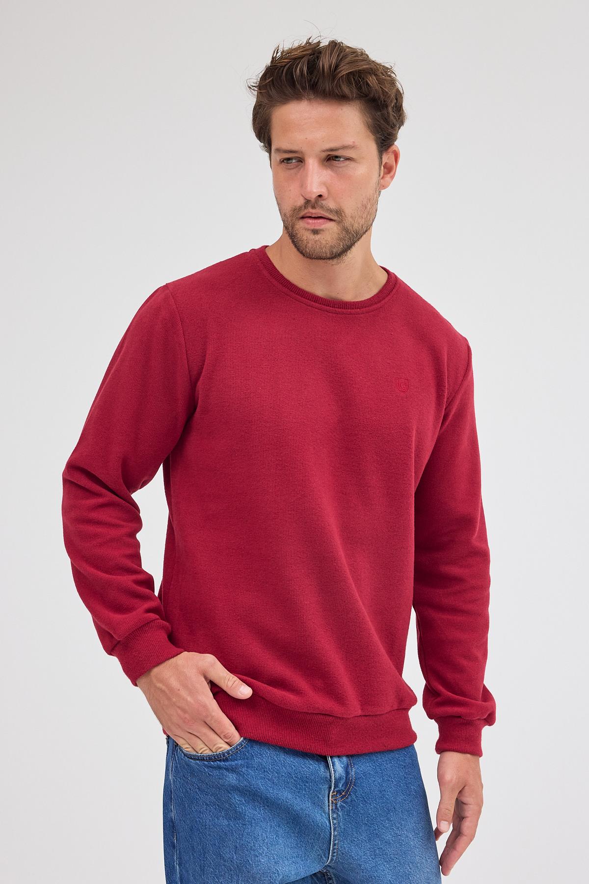 Erkek Bordo Standart Fit Normal Kesim Pamuklu Basic Bisiklet Yaka Sweatshirt