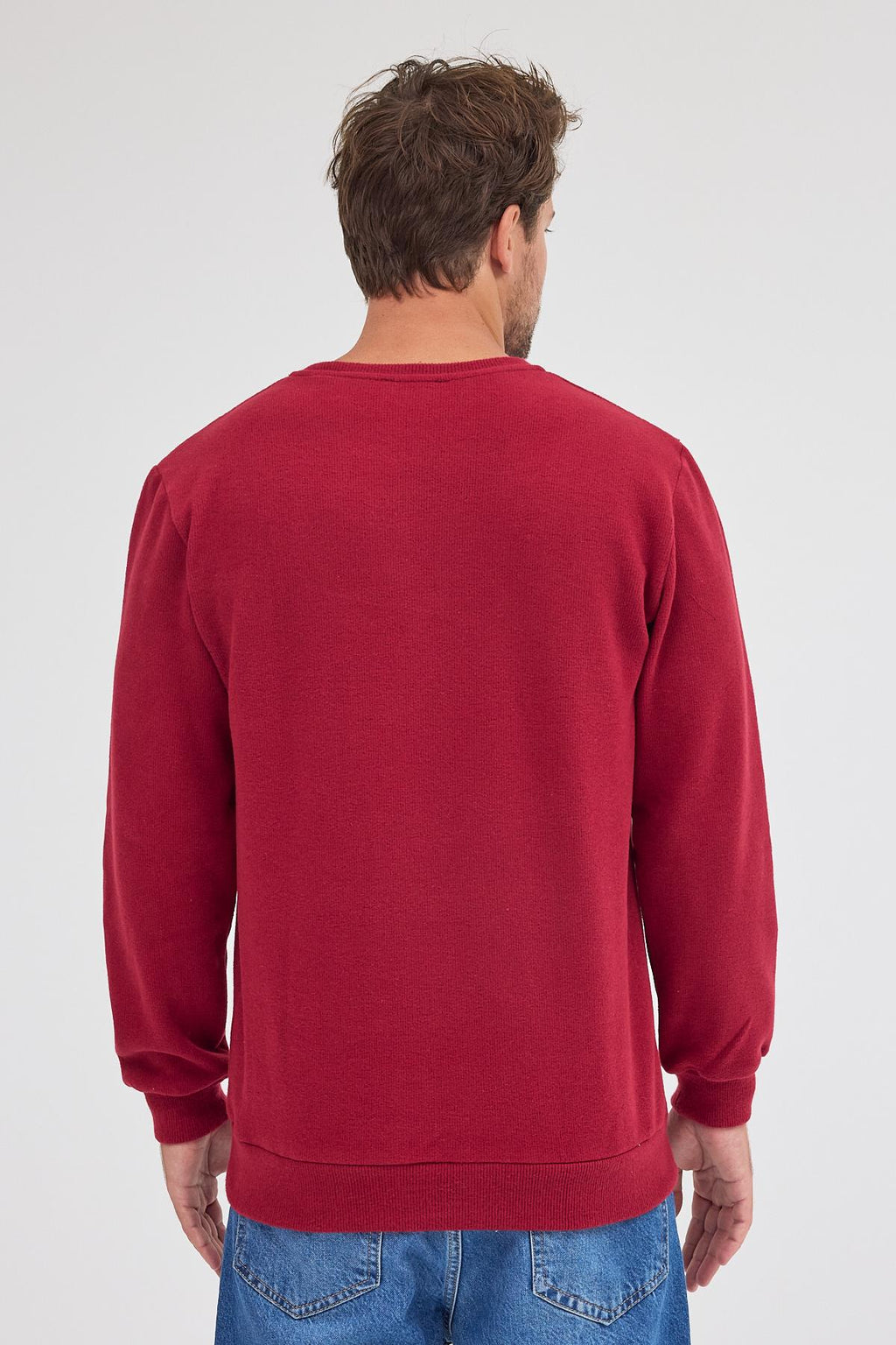 Erkek Bordo Standart Fit Normal Kesim Pamuklu Basic Bisiklet Yaka Sweatshirt