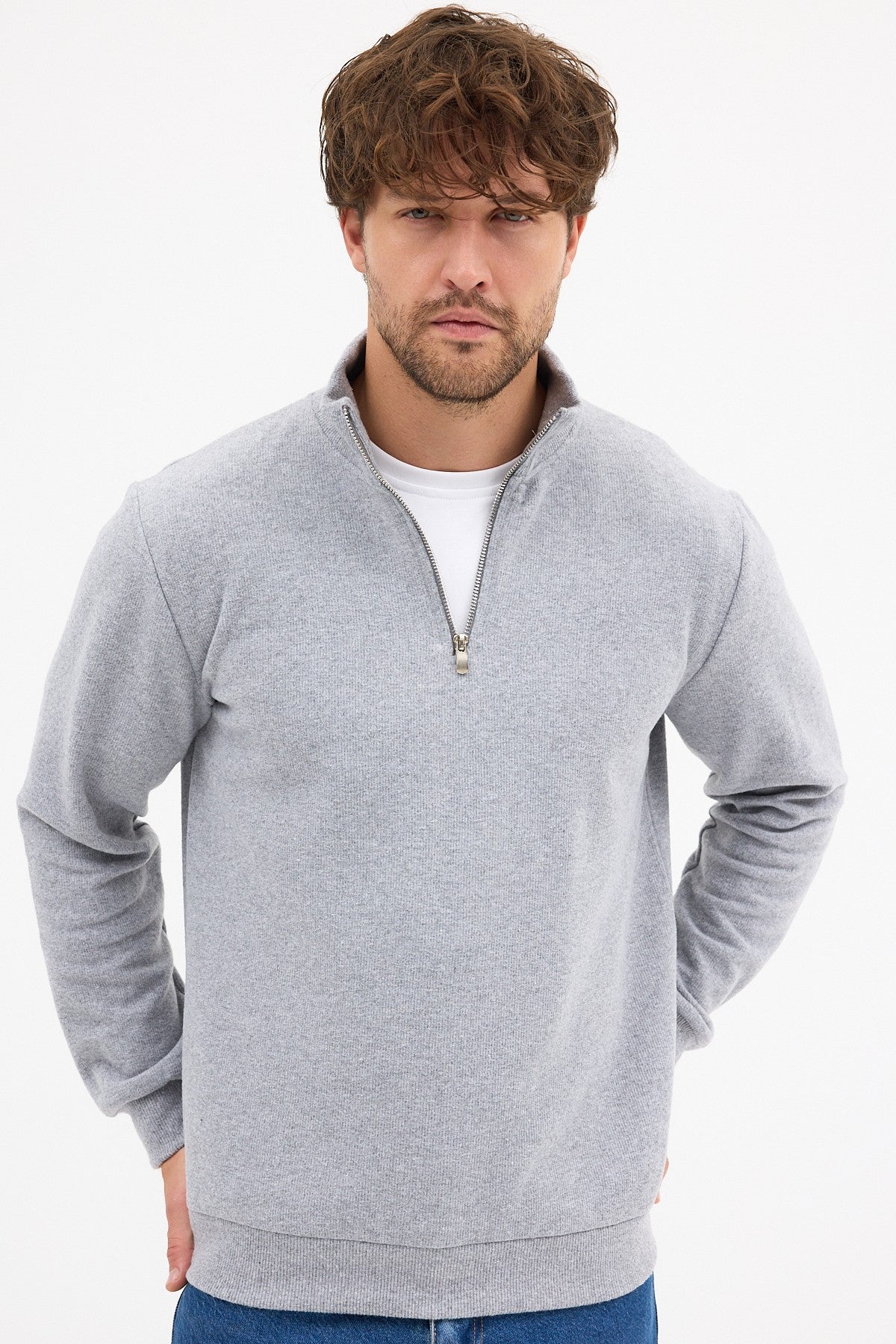 Erkek Gri Standart Fit Normal Kesim Pamuklu Yarım Fermuarlı Dik Yaka Pamuklu Sweatshirt