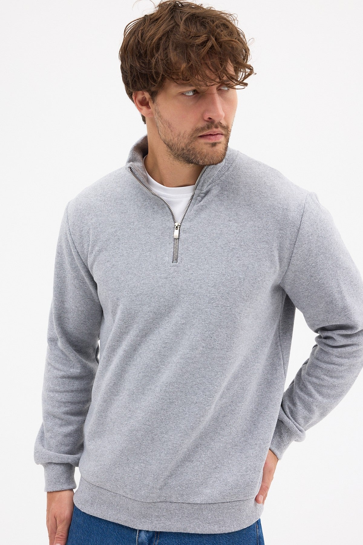 Erkek Gri Standart Fit Normal Kesim Pamuklu Yarım Fermuarlı Dik Yaka Pamuklu Sweatshirt