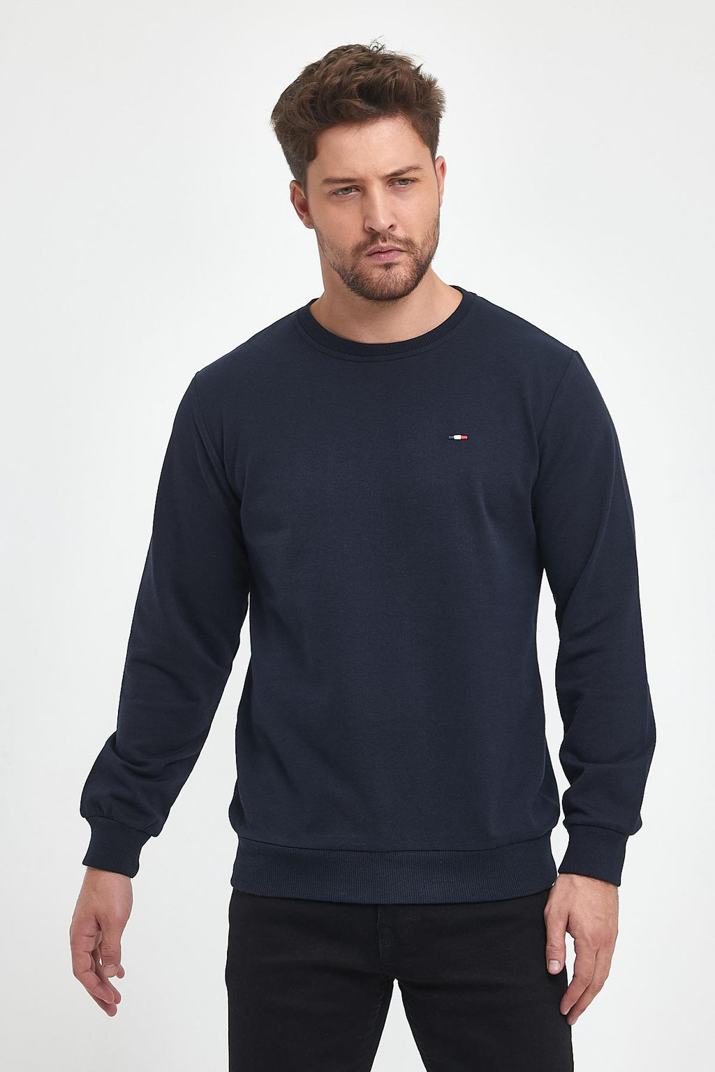 Erkek Lacivert Bisiklet Yaka Nakış Detaylı Regular Fit Sweatshirt