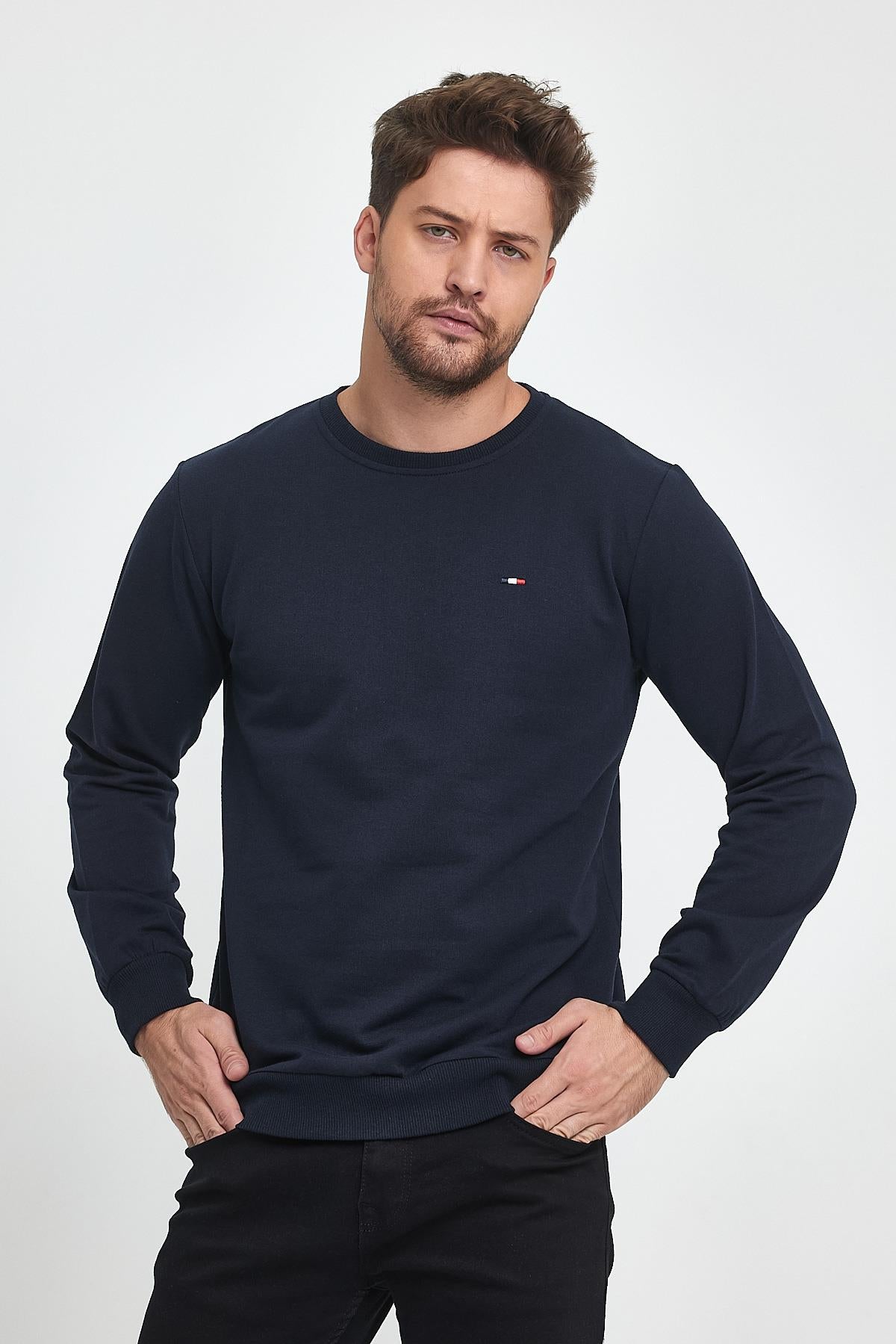 Erkek Lacivert Bisiklet Yaka Nakış Detaylı Regular Fit Sweatshirt