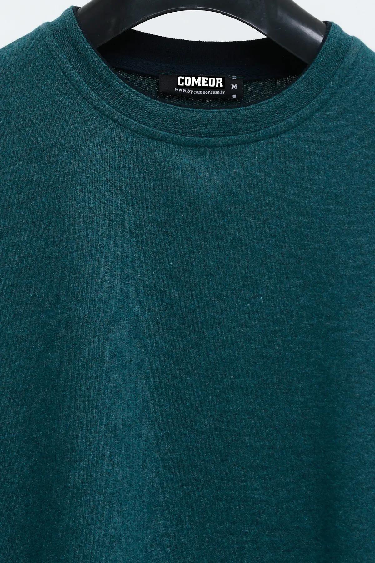 Erkek Petrol Çift Bisiklet Yaka Baskı Detaylı Standart Rahat Kesim Sweatshirt