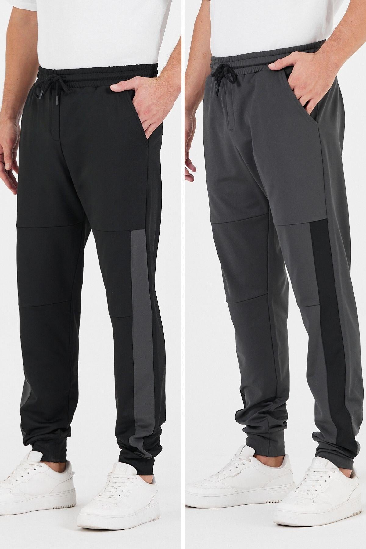 Erkek Siyah-Antrasit Standart Fit Normal Kesim Paça Ribanalı Cepli Rahat Jogger 2'li Eşofman Altı CMRE101-2