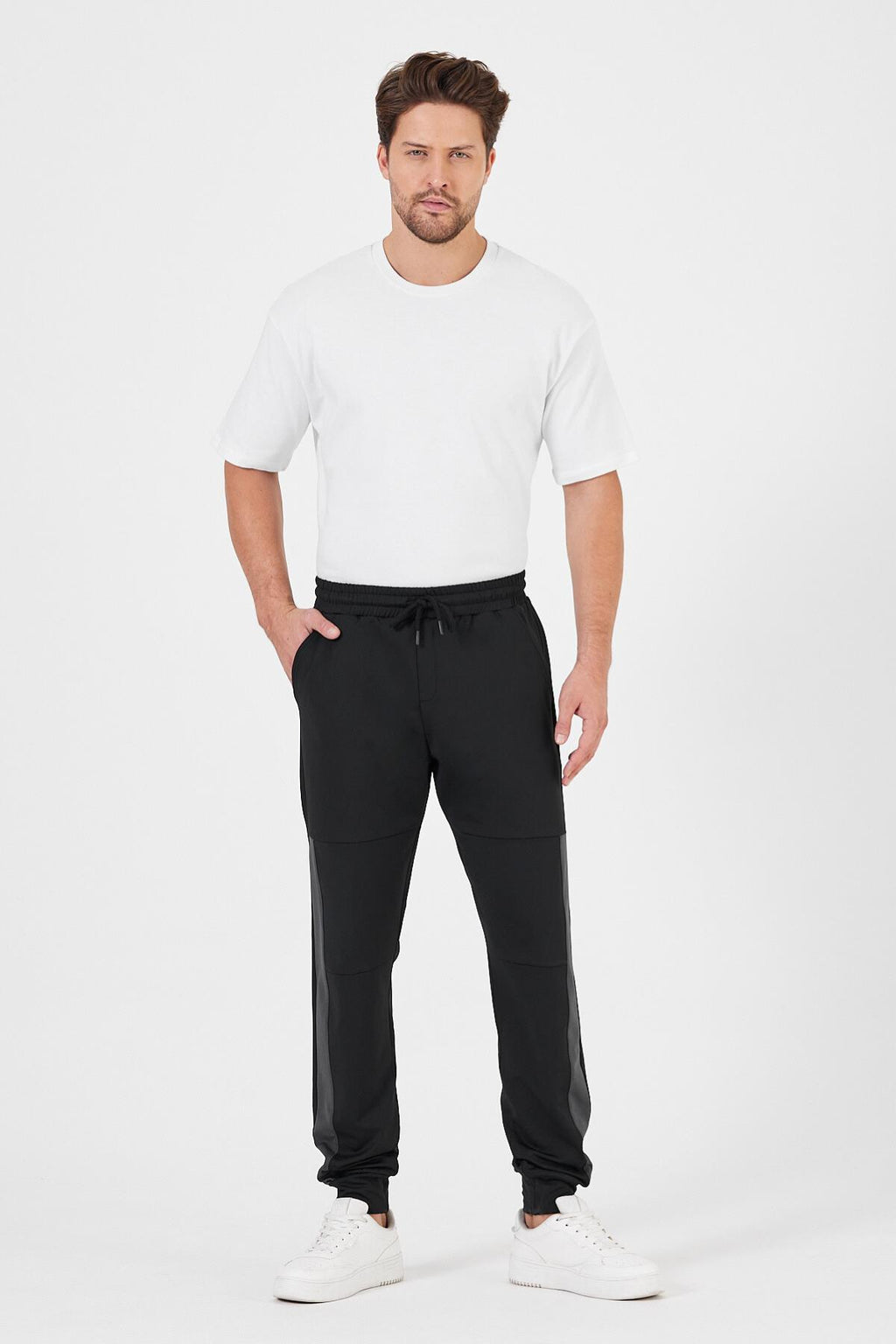 Erkek Siyah-Antrasit Standart Fit Normal Kesim Paça Ribanalı Cepli Rahat Jogger 2'li Eşofman Altı CMRE101-2