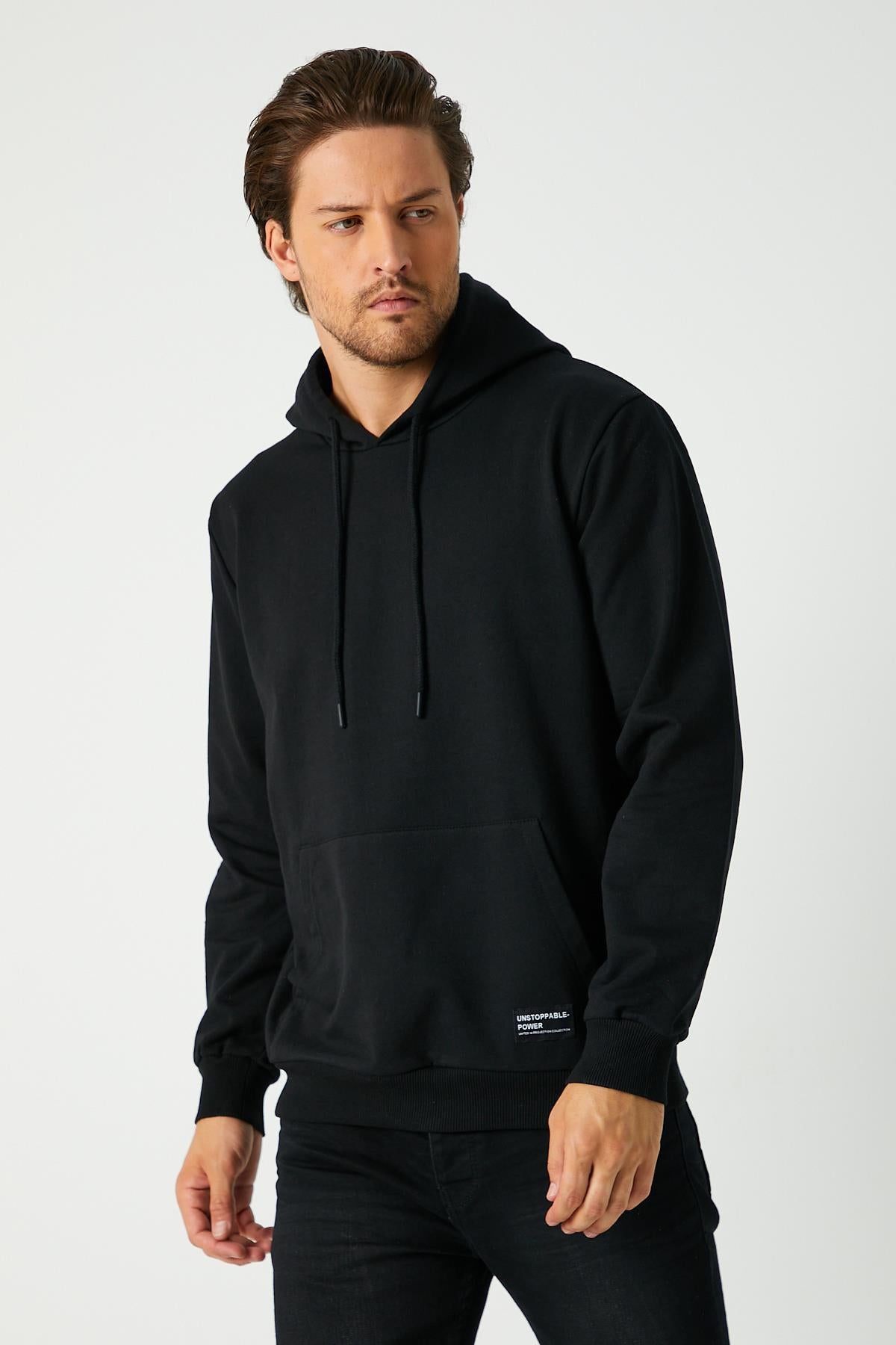 Erkek Siyah Basic Kapüşonlu Regular Fit Normal Kesim 2 İplik Kumaş Günlük Sweatshirt