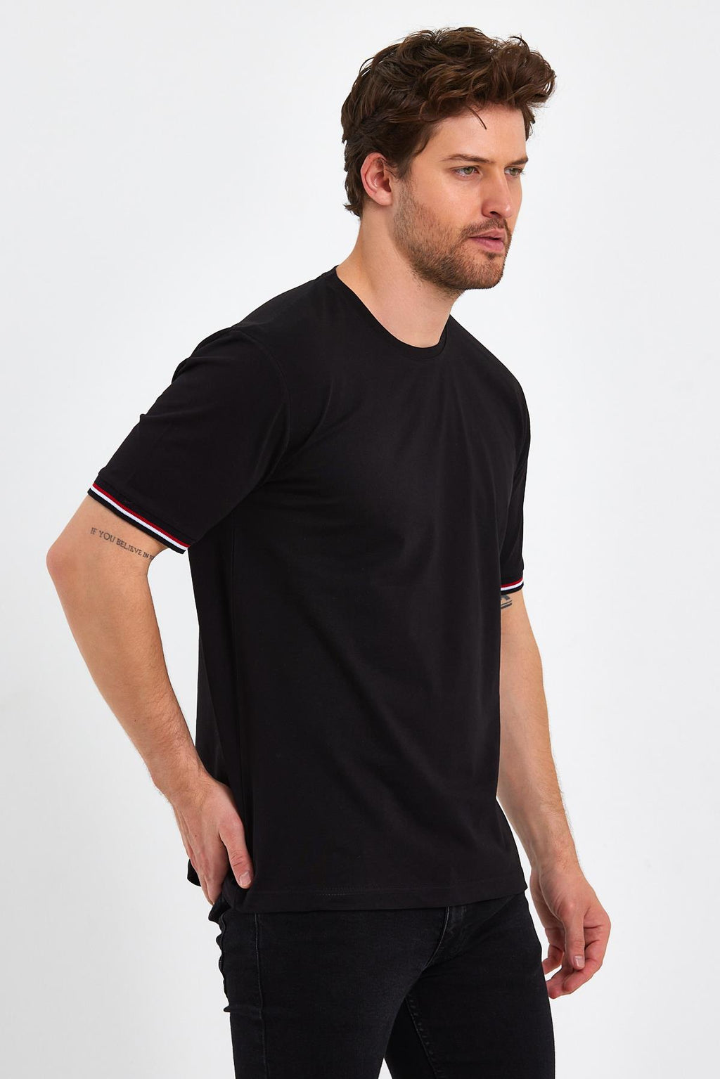 Erkek Siyah Basic Kolları Şeritli %100 Pamuk Bisiklet Yaka Regular Fit T-shirt