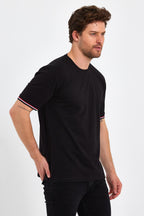 Erkek Siyah Basic Kolları Şeritli %100 Pamuk Bisiklet Yaka Regular Fit T-shirt