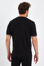 Erkek Siyah Basic Kolları Şeritli %100 Pamuk Bisiklet Yaka Regular Fit T-shirt