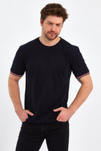 Erkek Siyah Basic Kolları Şeritli %100 Pamuk Bisiklet Yaka Regular Fit T-shirt