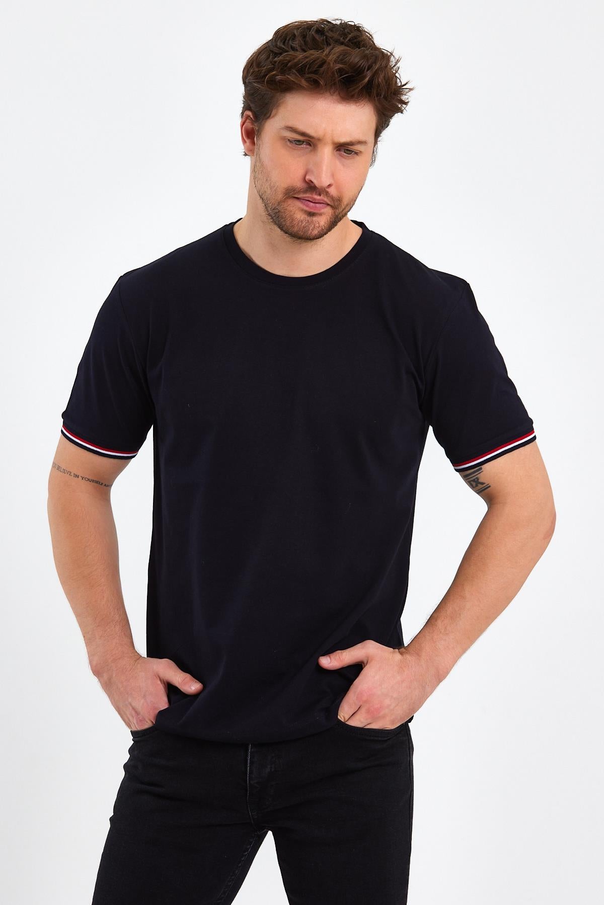 Erkek Siyah Basic Kolları Şeritli %100 Pamuk Bisiklet Yaka Regular Fit T-shirt