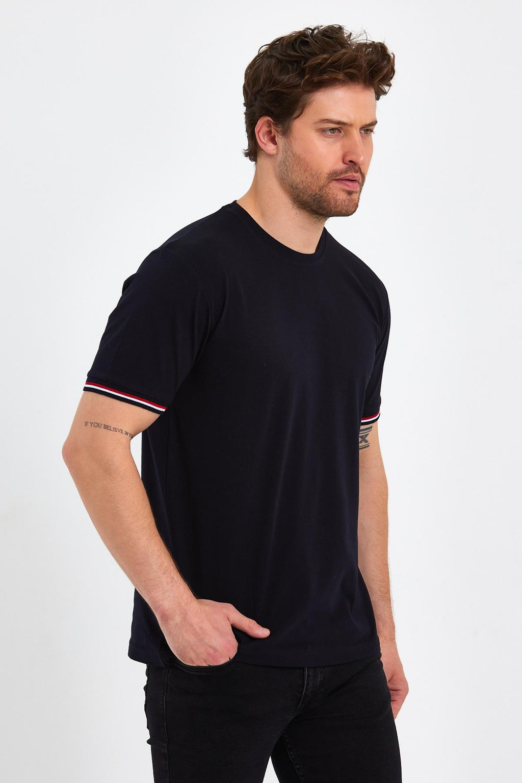 Erkek Siyah Basic Kolları Şeritli %100 Pamuk Bisiklet Yaka Regular Fit T-shirt