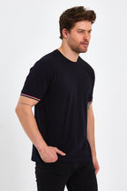 Erkek Siyah Basic Kolları Şeritli %100 Pamuk Bisiklet Yaka Regular Fit T-shirt