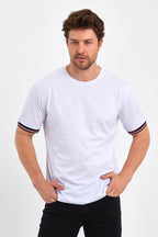 Erkek Siyah Basic Kolları Şeritli %100 Pamuk Bisiklet Yaka Regular Fit T-shirt