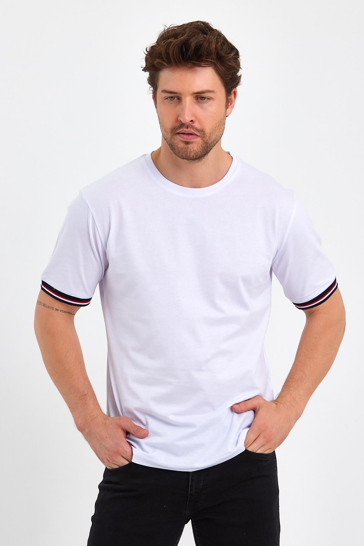 Erkek Siyah Basic Kolları Şeritli %100 Pamuk Bisiklet Yaka Regular Fit T-shirt
