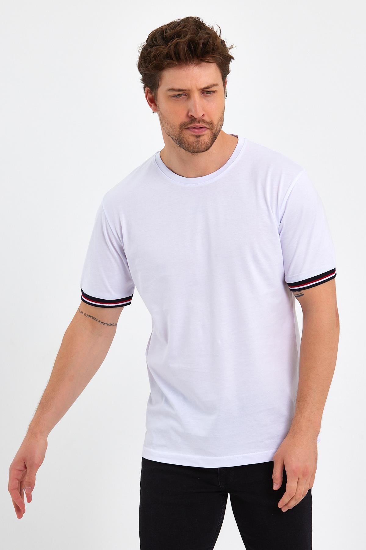 Erkek Siyah Basic Kolları Şeritli %100 Pamuk Bisiklet Yaka Regular Fit T-shirt