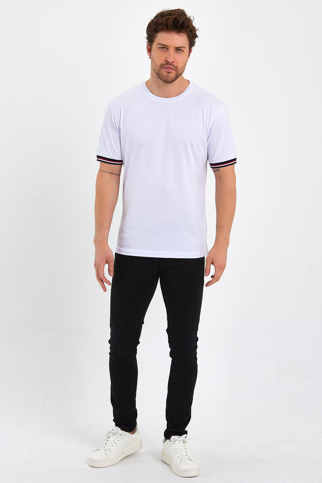 Erkek Siyah Basic Kolları Şeritli %100 Pamuk Bisiklet Yaka Regular Fit T-shirt