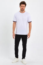 Erkek Siyah Basic Kolları Şeritli %100 Pamuk Bisiklet Yaka Regular Fit T-shirt