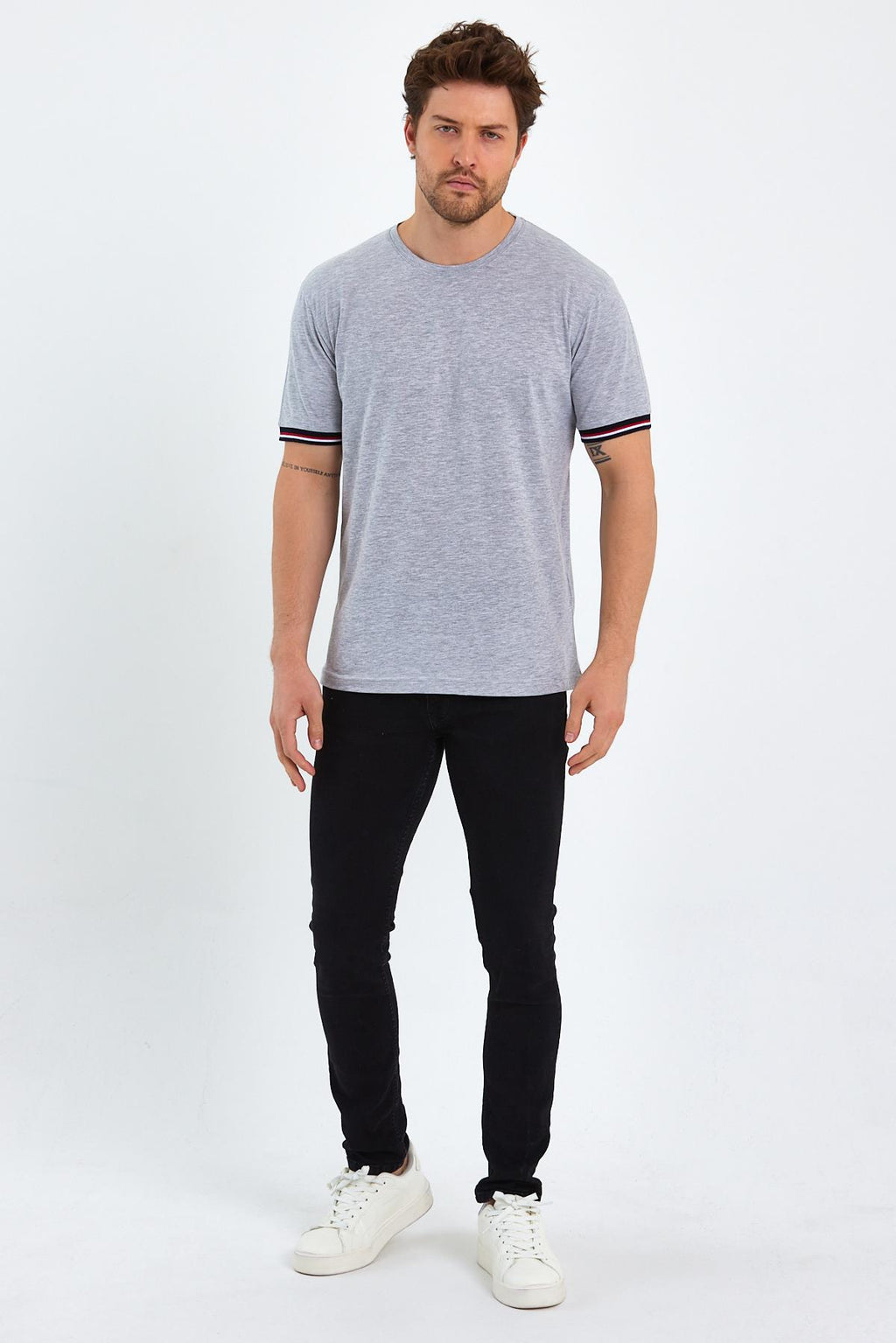 Erkek Siyah Basic Kolları Şeritli %100 Pamuk Bisiklet Yaka Regular Fit T-shirt