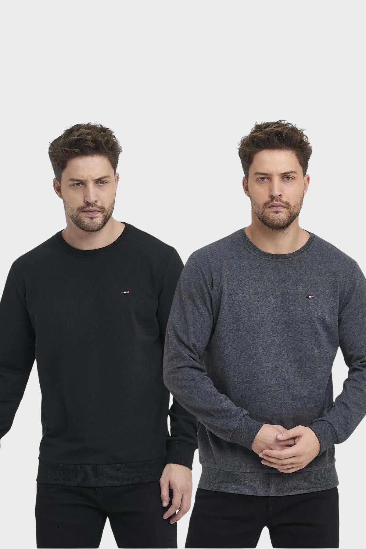 Erkek Siyah-Antrasit Bisiklet Yaka Nakış Detaylı Regular Fit 2'Li Sweatshirt