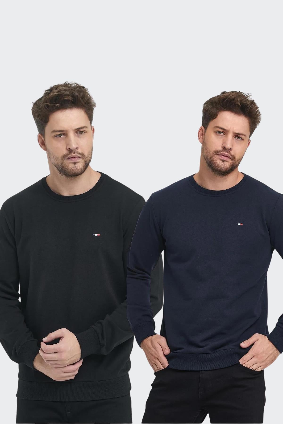 Erkek Siyah-Antrasit Bisiklet Yaka Nakış Detaylı Regular Fit 2'Li Sweatshirt