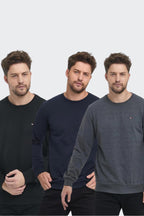 Erkek Siyah-Lacivert-Antrasit Bisiklet Yaka Nakış Detaylı Regular Fit 3'Lü Sweatshirt