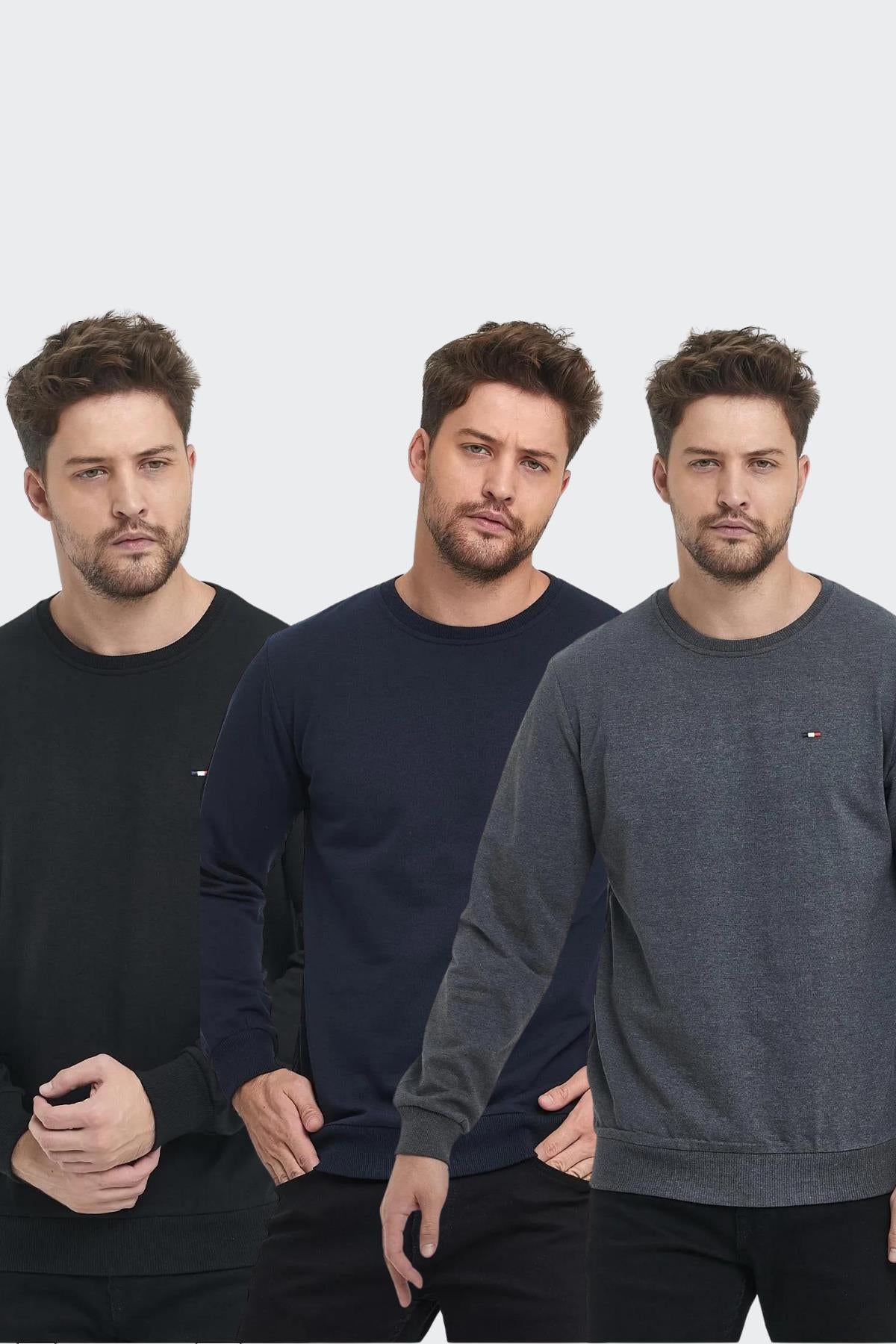 Erkek Siyah-Lacivert-Antrasit Bisiklet Yaka Nakış Detaylı Regular Fit 3'Lü Sweatshirt