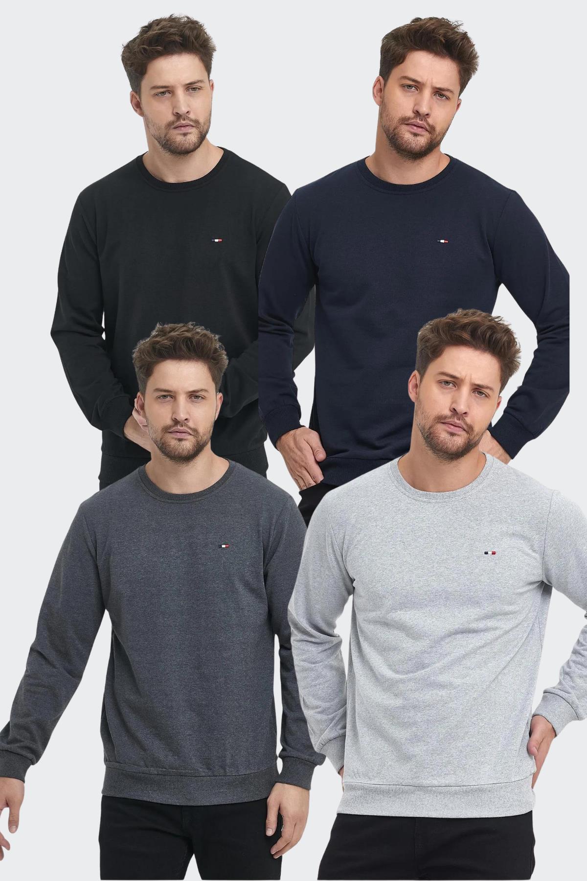 Erkek Çok Renkli Bisiklet Yaka Nakış Detaylı Regular Fit 4'Lü Sweatshirt