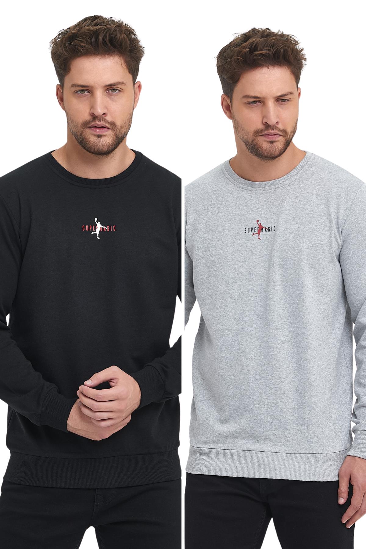 Siyah-Gri Erkek Supermagic Göğüs Baskılı Basic 2'li Sweatshirt
