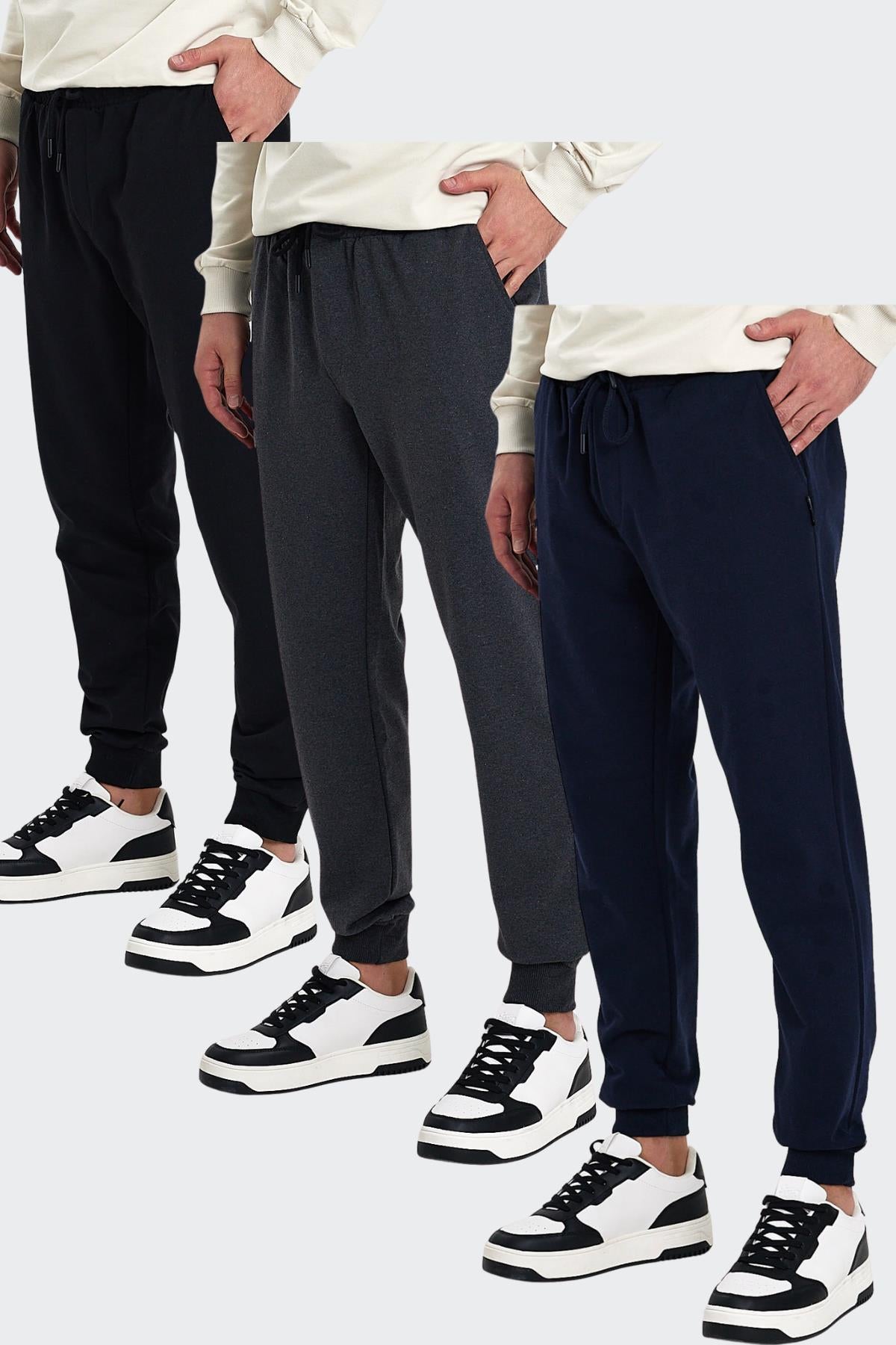 Erkek Siyah-Lacivert-Antrasit Arka Cep Etiket Detaylı Paça Lastikli Regular Fit 3'Lü Eşofman Altı CMREO09-3