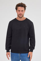 Erkek Siyah Standart Fit Normal Kesim Pamuklu Basic Bisiklet Yaka Sweatshirt