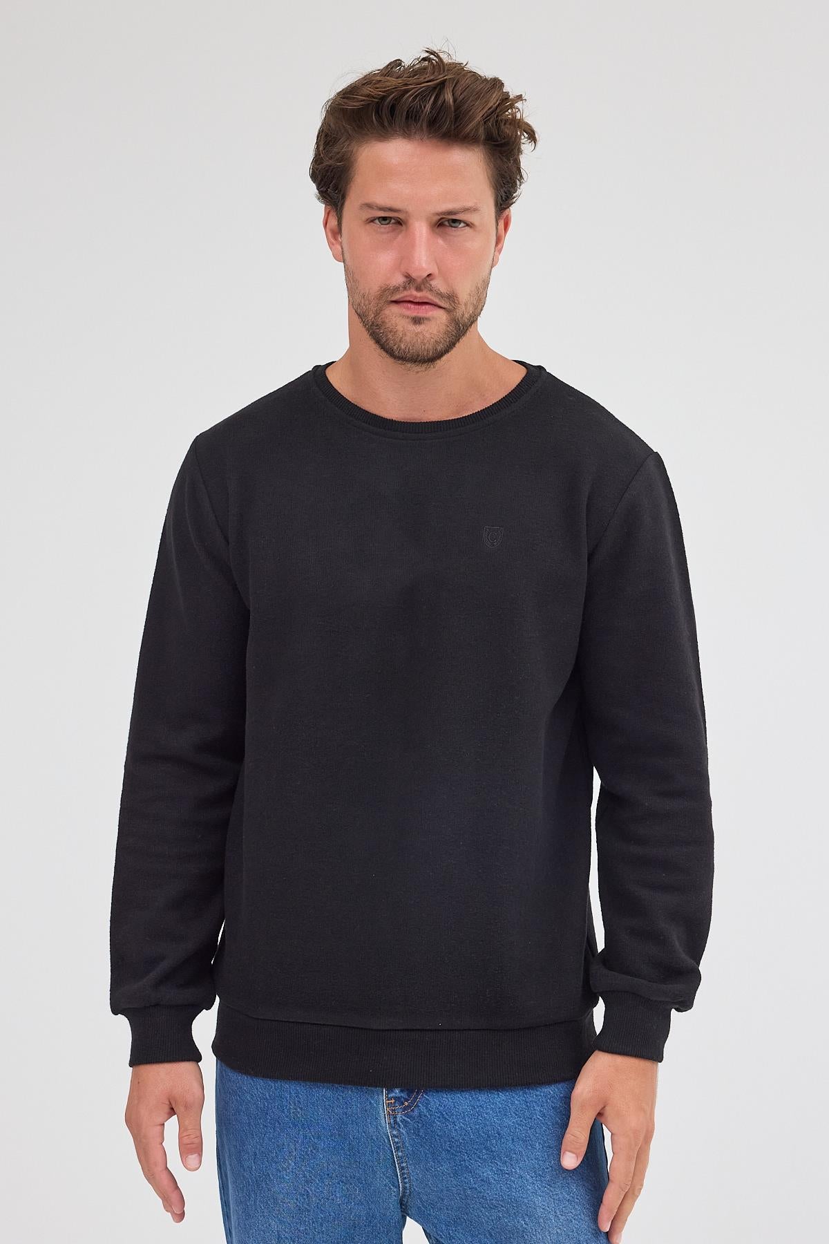 Erkek Siyah Standart Fit Normal Kesim Pamuklu Basic Bisiklet Yaka Sweatshirt