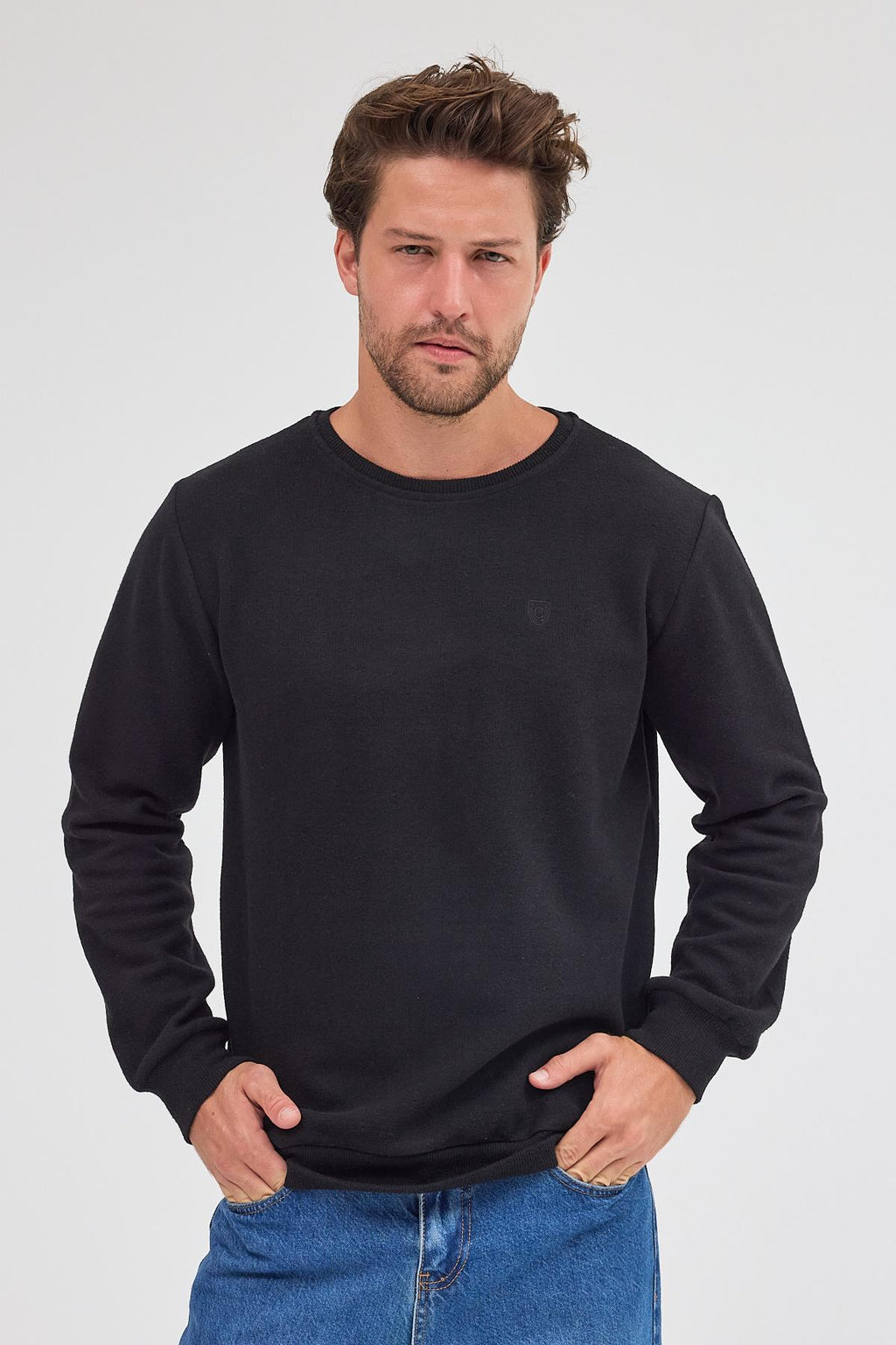 Erkek Siyah Standart Fit Normal Kesim Pamuklu Basic Bisiklet Yaka Sweatshirt