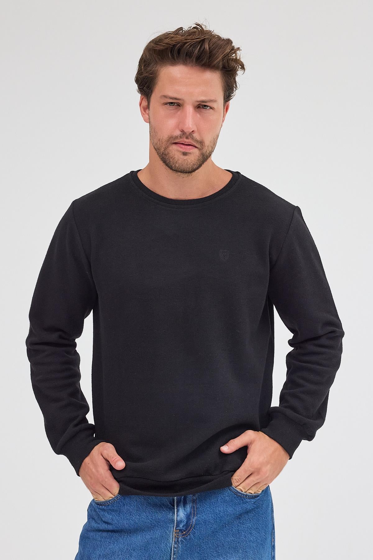 Erkek Siyah Standart Fit Normal Kesim Pamuklu Basic Bisiklet Yaka Sweatshirt
