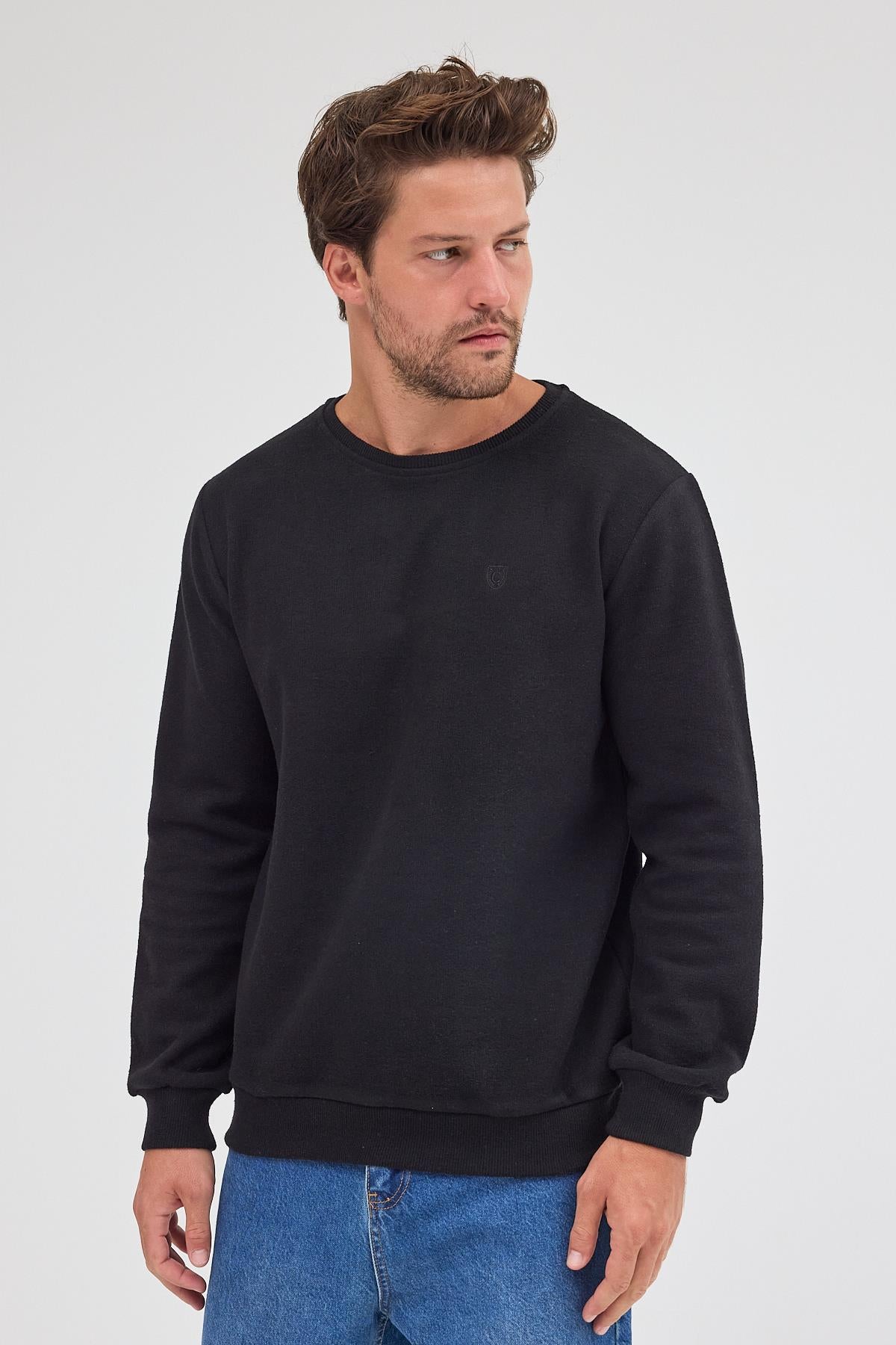Erkek Siyah Standart Fit Normal Kesim Pamuklu Basic Bisiklet Yaka Sweatshirt