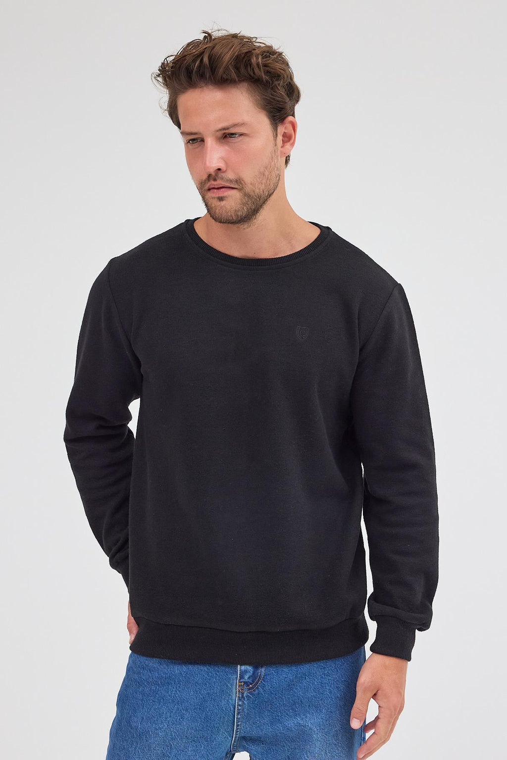 Erkek Siyah Standart Fit Normal Kesim Pamuklu Basic Bisiklet Yaka Sweatshirt