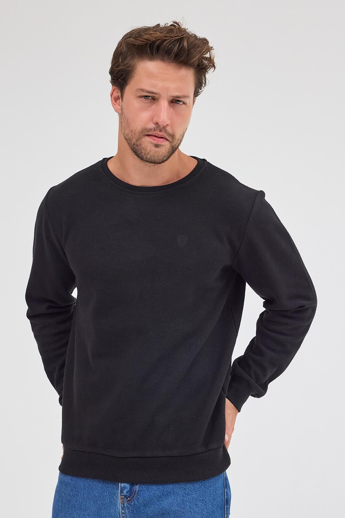 Erkek Siyah Standart Fit Normal Kesim Pamuklu Basic Bisiklet Yaka Sweatshirt